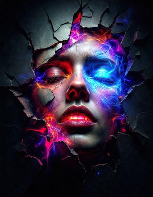The primary subject of the image is a woman with a striking visual style. She is depicted with a mix of red, blue, and purple colors, giving her a unique and eye-catching appearance. The setting is a black and white background, which contrasts with the vibrant colors of the woman's face. The visual style of the image is a combination of digital art and illustration, creating a striking and artistic representation of the woman. The overall atmosphere of the image is bold and captivating, drawing the viewer's attention to the woman's striking features.
